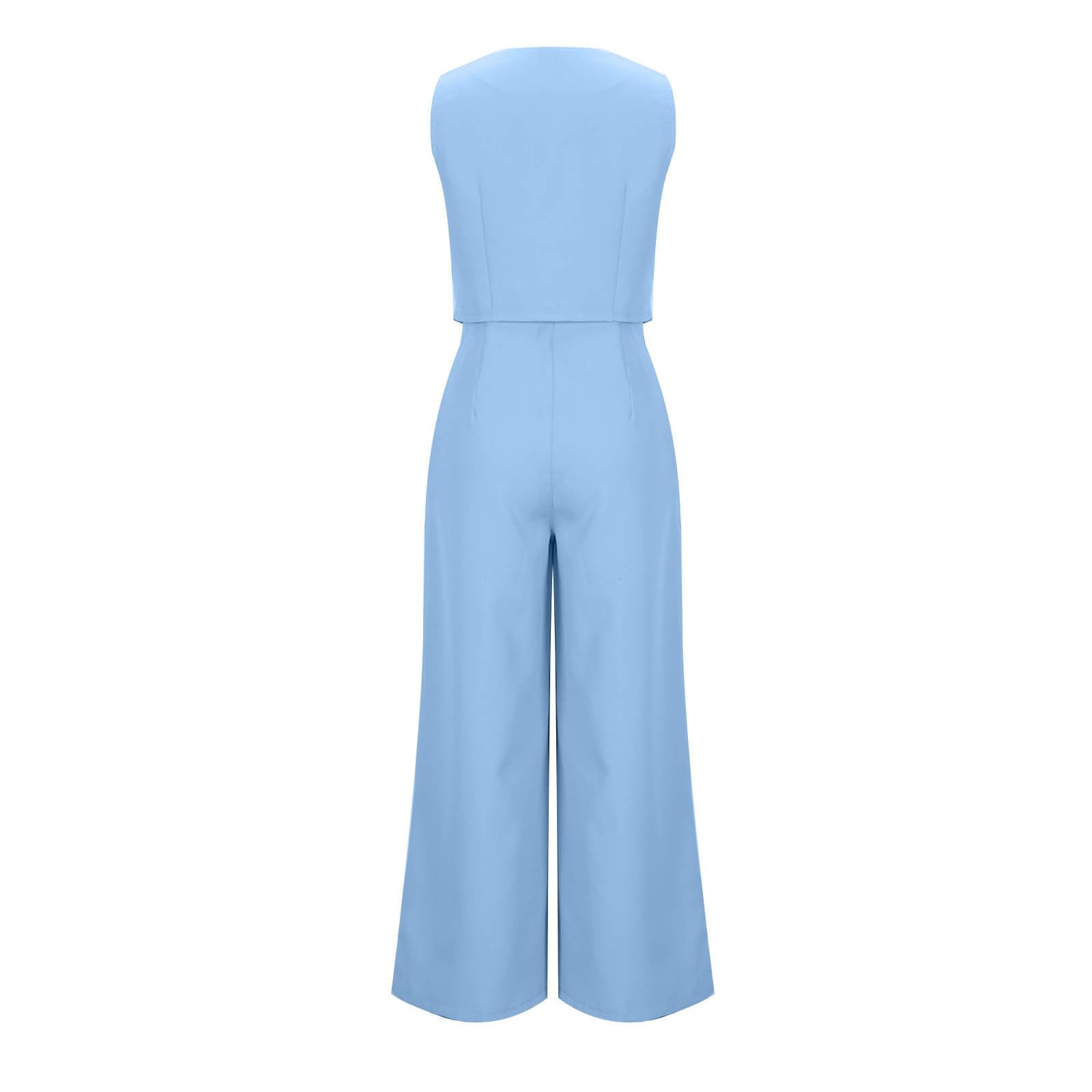 Generisch Tuta da donna in 2 pezzi, con scollo a V, senza maniche, blazer e pantaloni larghi, elegante, per ufficio e matrimonio