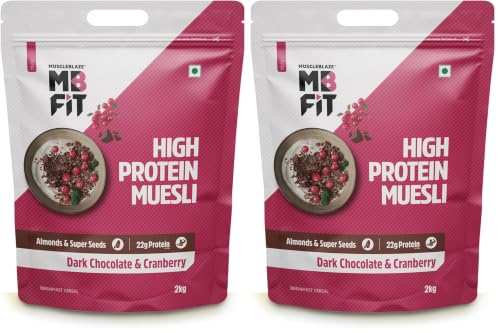 Image of MuscleBlaze Fit High Protein Muesli (2kg, Dark Chocolate & Cranberry) | 22g Protein | With Raisins, Almonds & Super Seeds, High Protein Breakfast Cereals (Pack of 2)