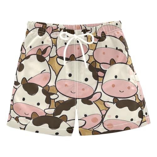 Cute Cartoon Cow Boys Swimming Shorts Youth Teen Beach Board Shorts Drawstring Lined Swimwear 2T