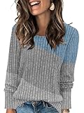 AYIFU Womens Lightweight Sweaters Long Sleeve Knit Color Block Sweater Crewneck Tops for Casual Fall Winter Tunic (Light Blue-Grey-Light Grey, L)