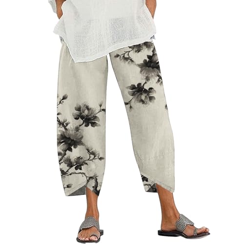 Women's Capri Pants Japanese Art Print Pants Summer Casual Unique Graphic High Waist Elastic Cropped Wide Leg Trousers