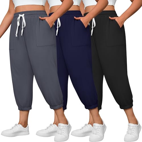 Neer 3 Pack Women's Plus Size Capri Joggers Sweatpant Cropped Yoga Legging Cotton Drawstring Pocket Casual Workout Baggy Pant