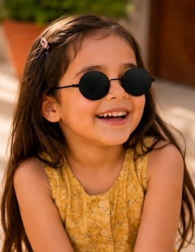 Image of BookMyCostume Kids Round Black Sunglasses - Circular Sunshades for Boys and Girls - Fashion Summer Outdoor Eyewear Accessory for Birthday, Photo Shoots, and Fancy Dress | Aged 2 to 8 Years
