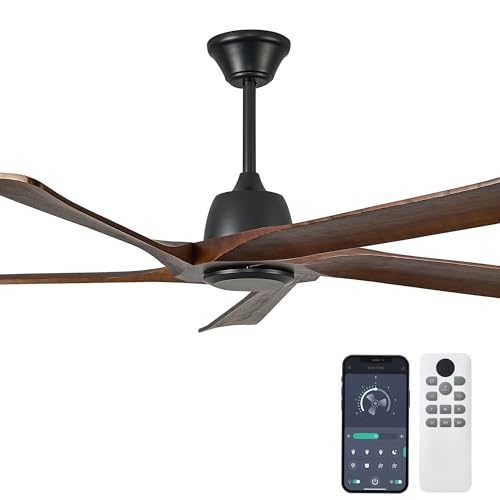 LVYEAYOU 60 Inch Solid Wood Ceiling Fan No Lights Remote and APP Control DC Motor 6-speed Reversible Outdoor Ceiling Fans for Bedroom Living Room Office Dark Walnut