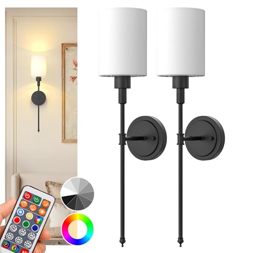 DORESshop Battery Operated Wall Sconce Set of 2, Wireless Wall Light Easy to Install, 7 Color Rechargeable Wall Sconces, Sconce Wall Decor Set of 2 for Bedroom, Living Room, Black, 24.3in