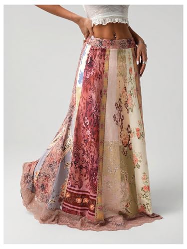 MakeMeChic Women's Floral Skirt Lace Trim A Line Flare Swing Vintage Maxi Skirts2