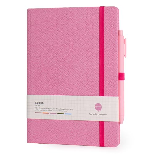 Image of COMMA Abaca - A5 Size - Checks Hard Bound Notebook with Pen & Elastic Band Closure - 192 Pages - 80gsm Natural Shade Paper - Textured Cover Material - (Pink)