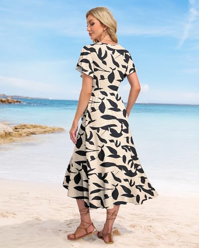 Image of AUSELILY Women Summer Midi Dresses Wrap Short Flutter Sleeve Elegant Dress | High Slit,High-waisted,Ruffled Hem,V-Neck,Fixed-strap Design,Skin-Friendly,Breathability,Wedding Guest Dresses