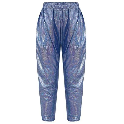 Girls Kids Sequin Metallic Elastic Waistband Trousers Little Boys Hip Hop Jazz Streetwear Dance Sports Trousers Royal Blue 9-10 Years