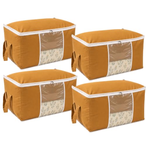 Image of Non-Woven Side Handle Underbed Storage Bags | Pack of 4 | Durable, Foldable Blanket, Comforter & Clothing Organizer | Dustproof, Moisture-Resistant Storage for Closets & Under Bed (Beige)