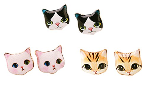 CUTIEJEWELRY Womens Cat Earrings Pretty Small Cute Kitty Studs - 3 Pairs Set