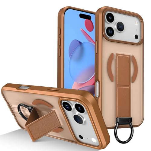 Coque iPhone 17 marron avec bracelet évolutif pour rester connecté pendant vos sorties