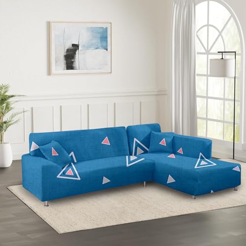 Image of Amazon Brand - Solimo L-Shaped Sofa Printed Slipcover | 2 Pieces Elastic Sofa Cover | High Density Stretch Fabric | Universal Fit (Blue)