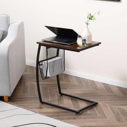 Miniatura 7 de Homcom Mesa Auxiliar Para Sofá Y Cama Mesita Auxiliar Pequeña En Forma De C Con Bolsillo De Almacenaje Estilo Industrial Para Salón 53x35x64,5 Cm Marrón Rústico