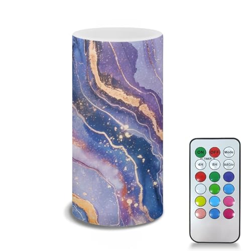 Image of Flameless Candle with 18 Key Remote 4 /8 Hours Timing Color Changing, Flickering Wick Realistic Votive Electric Candle for Patio Desktop Home Ornaments, Purple Blue Gold Marble