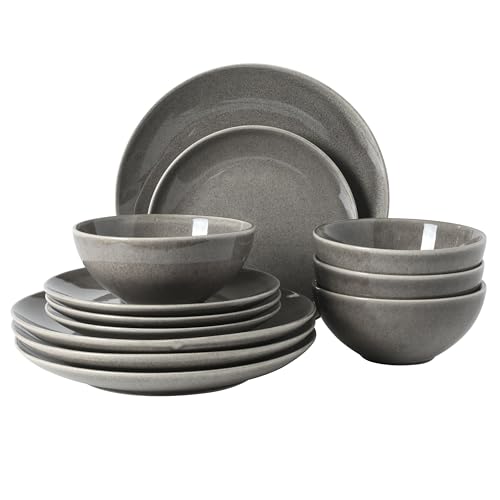 Image of Gibson Elite Castle Peak Plates and Bowls Set, 12-Piece Dinnerware Set, Grey Reactive Glaze Stoneware Dishes, Dinner Plates, Salad Plates & Cereal Bowls