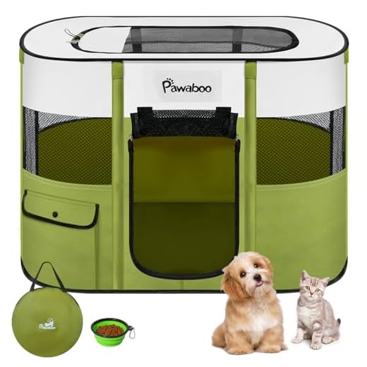 Pawaboo Parque para Mascotas Portátil, Jaula de Mascotas Perros Plegable de Oxford Impermeable con Bolsa de Transporte y Cuenco Plegable, Valla para Mascotas Perritos, Gatos y Conejos, Talla S, Verde