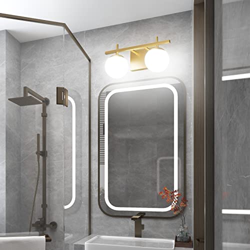 Image of Ralbay 2-Light Gold Vanity Light Mid Century Modern Bathroom Vanity Light Fixture Milky Glass Globe Bathroom Wall Light Fixtures Gold 2 Light