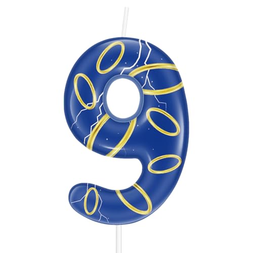 iNINGER Number 9 Blue Birthday Candle,Golden Ring Cartoon Themed 9th Candle Magic Rings Birthday Decoration,Computer Game Birthday Cake Topper for Hedgehog Boy Girls Party Decor Supplies