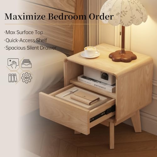 Image of 100% Solid Wood Nightstand, Mid Century Modern Bedside Table Natural