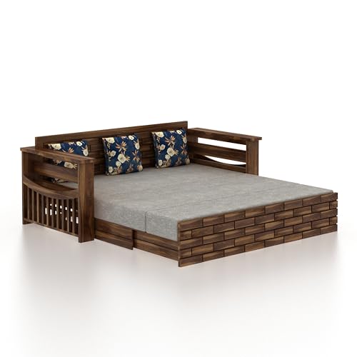 Image of Ganpati Arts Solid Sheesham Wood 3 Seater Italian Sofa Cum Bed with Storage and Side Pockets for Living Room Wooden Sofa Bed for Home - Teak Finish 1 Year Warranty
