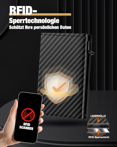 dwnkove Kartenetui Herren, Slim Wallet mit Münzfach & RFID Schutz & ID-Fenster, Pop-Up Smart Wallets for Men, Leder Portmonee Geldbeutel kartenetui für Karten, Kreditkartenetui Herren, Carbon Design 6