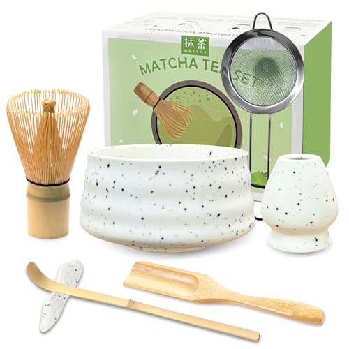 JBER Matcha Set, Matcha Tee Set 7-Teiliges - Matcha Besen und Besenhalter, Matcha Schale aus Keramik, Sieb, Matcha Löffel und Halter, Japanisches Matchabesen Set für Matcha-Liebhaber