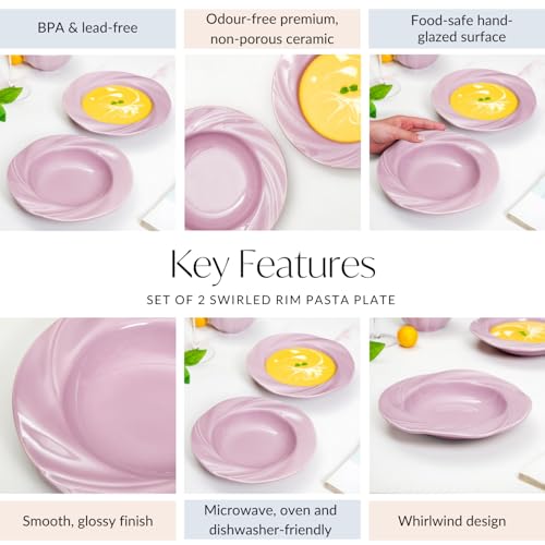 Image of Nestasia Ceramic Pasta Plates Set of 2 (300ml Each) | Microwave & Dishwasher Safe Serving Plate with Flared Rim Whirlwind Design - Ideal for Serving Pasta, Maggie & Noodles (Mauve)