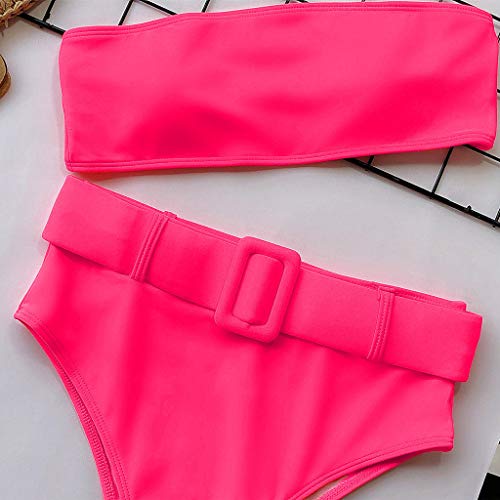✿ Latinday ✿ Women High Cut Bandeau Soild Color Printed Strapless Swimsuits Bikini Set Hot Pink #TOP6