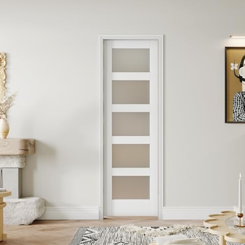 Image of 24 inch x 80 inch French Interior Door, 5 Lite Tempered Frosted Glass Panel for Pantry & Bedroom, Single Pre-drilled Holes Slab Door, White Primed, Assembly Required (Hinges Not Included)