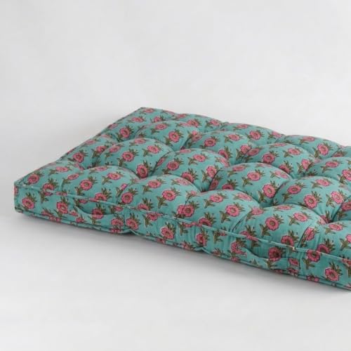 Image of Low Seating Floor Cushion 70 x 110 cm with 2 Back Support Cushions | Thick Quilted Cotton Floor Mattress Pad Printed Gadda for Sitting, Meditation, Yoga & Living Room Floor Seating (Teal Coral Floral)