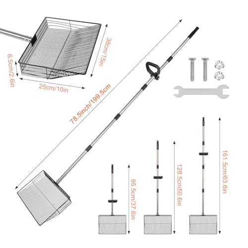 Image of 15 inch Large Chicken Poop Scooper with Ergonomic Grip, 6 in 1 Detachable Chicken Scooper for Poop Shovel (20 to 79 inch), Stainless Steel Sifting Shovel for Chicken Coop /Goat Stall /Stable Cleaning Tool
