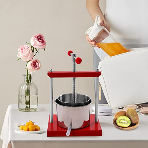 Cheese Tincture Herb Fruit Wine Manual Press, 1.6Gallon Stainless Steel Barrels Press Machine for Juice, Vegetable, Wine, Olive Oil, Silver and Red Manual Fruit Wine Press, 11.81*9.84*17.91in