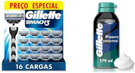 Combo Gillette Mach3 - Carga para Aparelho de Barbear, Leve 8 Pague 6 + Espuma de Barbear Gillette Foamy Sensitive 175g