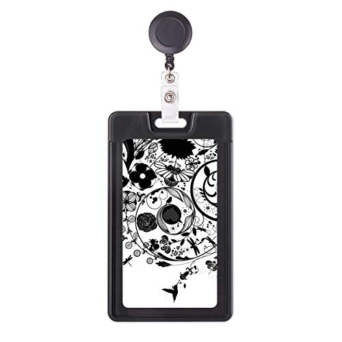 Porte-badge rétractable anti-perte d'accès avec motif de fleur élégant noir et blanc