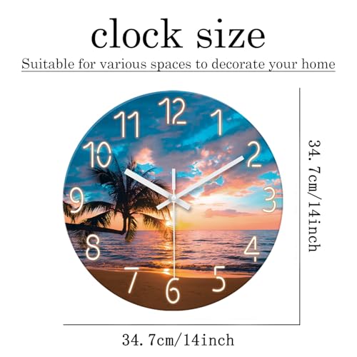 Image of XFM Beach Glass Wall Clock 14 Inch Palm Tree | Silent Non Ticking Battery Operated Sunset Coastal Modern Glass Decorative for Living Room Bedroom Home Office