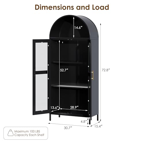 73 in Tall Metal Arched Cabinet, Kitchen Pantry Cabinet with Glass Door, Modern Farmhouse Display Bookshelf with 2 Adjustable Shelves for Dining Room and Living Room, Black, Assembly Required