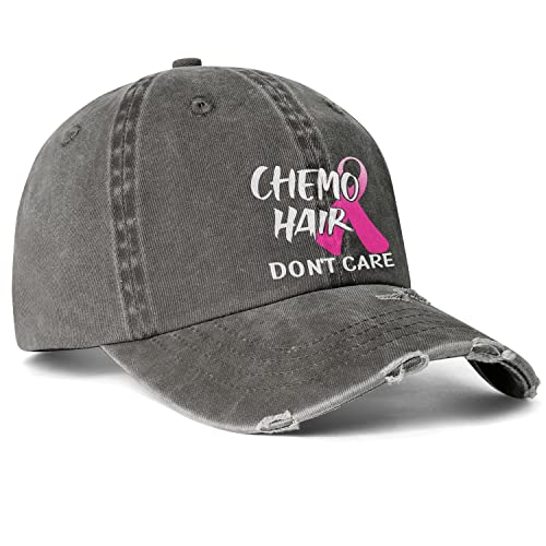 Breast Cancer Gifts For Women - Chemo Hair Dont Care Hat - Pink Ribbon Logo Design - Breast Cancer Awareness Hat Distressed Vintage Denim Baseball Cap #TOP3