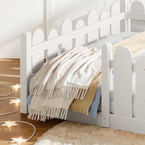 Image of Bellemave Full Size Kids Montessori Floor Bed,Floor Bed Frame with Rounded Safety Guardrail,Solid Wood Montessori Bed for Girls Boys,White