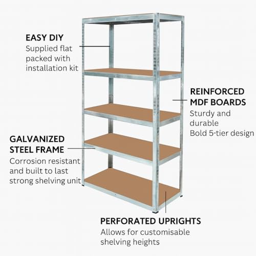 5 Tier Storage Rack Heavy Duty Shelving Galvanised Steel Garage Shelves | Heavy Duty Shed Storage Racking Shelf | For Warehouse, For Workshop | For Office (Silver, 150cm x 70cm x 30cm, Pack of 1) - Image 5