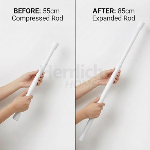 Image of Herrlich Homes Retractable Wardrobe Curtain Rod 58 to 85 cm Tension Rod | 21 mm Diameter | Multipurpose | Metal | No Drilling | Extendable Rod for Windows Cabinet | With adhesive sticker