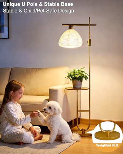 Image of 66IN Dimmable Gold Floor Lamps with Storage Table, Modern Standing Tall Lamp with Milky White Lampshade, Cross-Shaped Lamp Head and U-Pole Base Style for Living Room /Bedroom