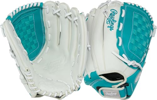 Rawlings Guante de sóftbol de la Serie Shut out | 12.5 Pulgadas | Lanzamiento de Mano Izquierda | Blanco/Verde Azulado