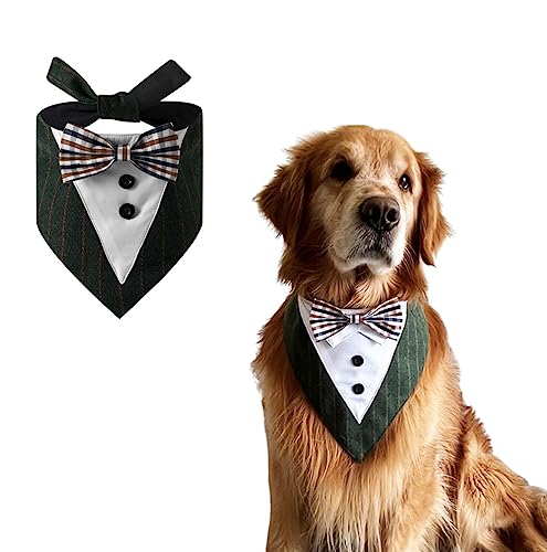 Tuxedo Collar Bandana, Wedding Outfit, Bow Tie for Dogs and Cats - Small, Medium, Large - Pet Outfit for Party, Birthday, Festival,(L Green)