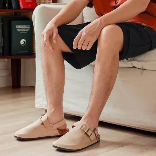 Image of Women's Suede Clogs with Back Strap Men's Cork Footbed Leather Mules Clogs for Women Comfort Memory Foam Slingback Clog Sandals with Adjustable Buckle Slip on Potato Shoes