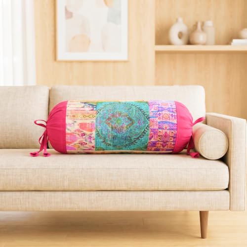 Image of SAJAVAT HOME Printed Multicolour Bolster Cover | 32x15 Inch Round Side Pillow Covers with Adjustable Ties | Stylish Diwan Cushion Covers for Sofa, Bed & Couch Pack of 1