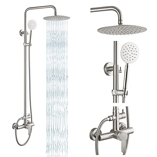 gotonovo Outdoor Shower Fixture System Combo Set Rainfall Single Handle High Pressure Hand Spray Wall Mount 2 Dual Function Brush Nickel SUS304