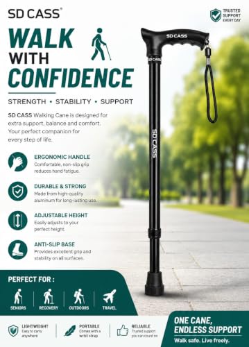Image of Single Leg Quadripod Walking Stick for Elderly Men & Women | Adjustable Height Lightweight Walking Cane | Anti-Slip Single Leg Stick | Walking Support for Senior Citizens, Patients & Disabled