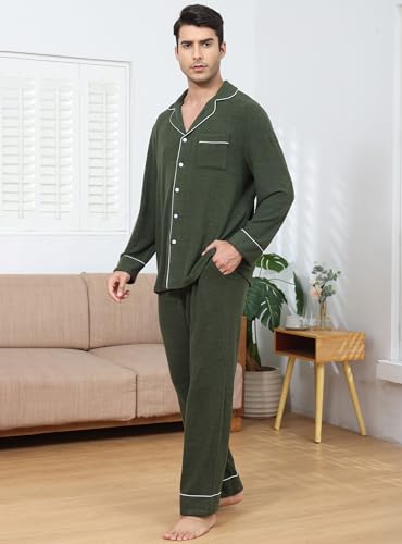 Image of Veseacky Mens Pajamas Set Long Sleeve Soft Pajamas for Men Button Down Sleepwear Pjs Lounge Sets with Pockets S-2XL