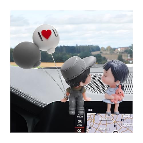 Sbulhia Cute Couple Car Dashboard Decoration, Lovely Auto Ornament Resin Cartoon Lovers with Balloons, Romantic Kissing Couple Figurines Car Interior Accessories for Women Girls (Gray)